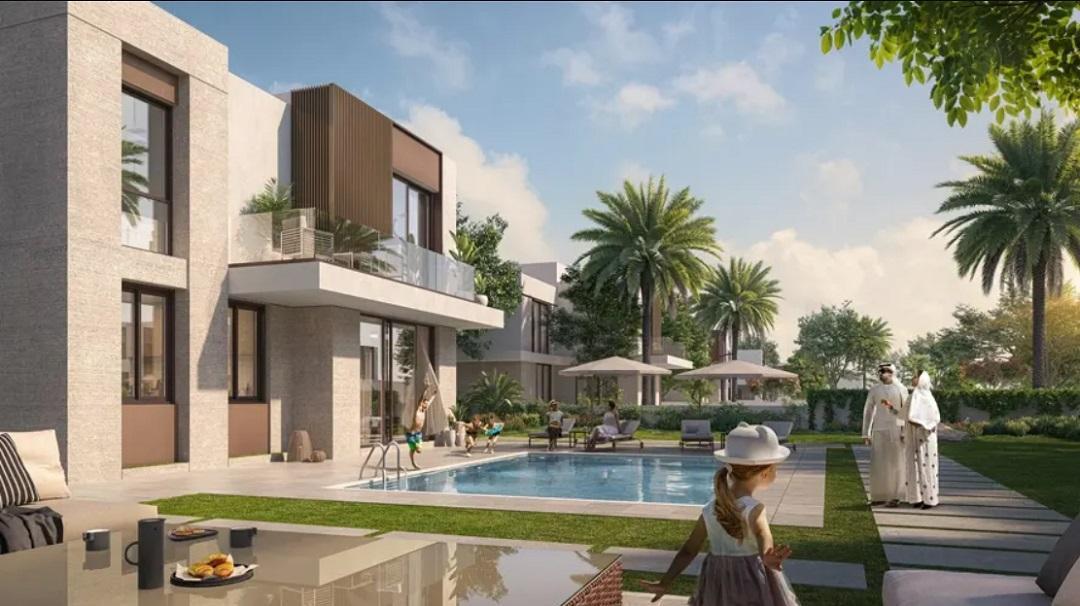 Aerial shot of luxury villas and marinas at Fay Alreeman, Shamkha